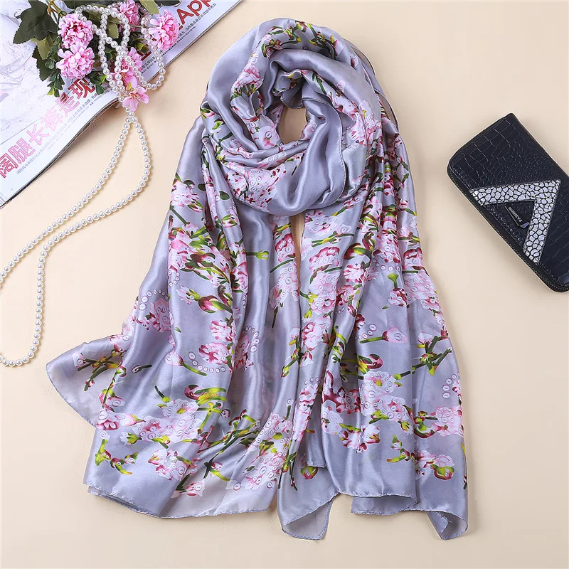 

2019 New Luxury Brand Womens Silk Scarf Sakura Print Scarves Long Shawl Large Pashmina Wraps Beach Stoles Female Foulard