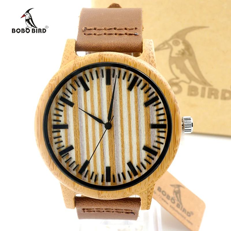 BOBO BIRD Top Mens Bamboo Watches Genuine leather Strap Wooden Wristwatches Men and Women Quartz Watch relogio masculino C-A20