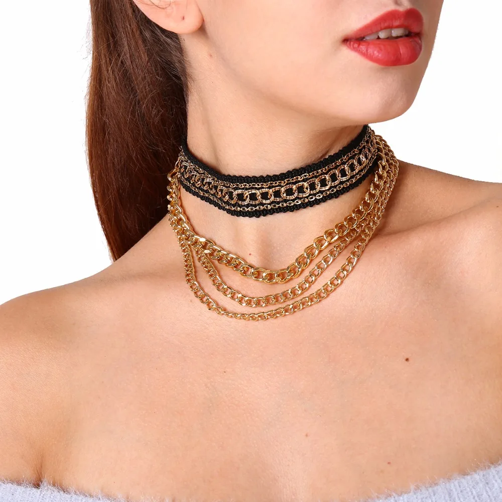 Fashion 4 layers Chokers Necklace Multilayer Gold Color Choker Necklace