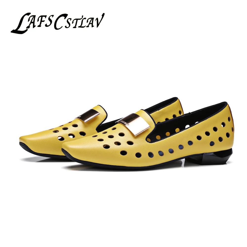 LAFS CSTLAV Fashion Beautiful Hollow Low Heel Shoes Women Slip On loafers Genuine Leather Comfortable High Quality Spring Shoe