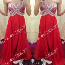 Eine Linie Schatz Elegante 2015 Kristall Prom Kleider Bodenlangen Chiffon Perlen Frauen Formale Kleider Langen Roten Abendkleid