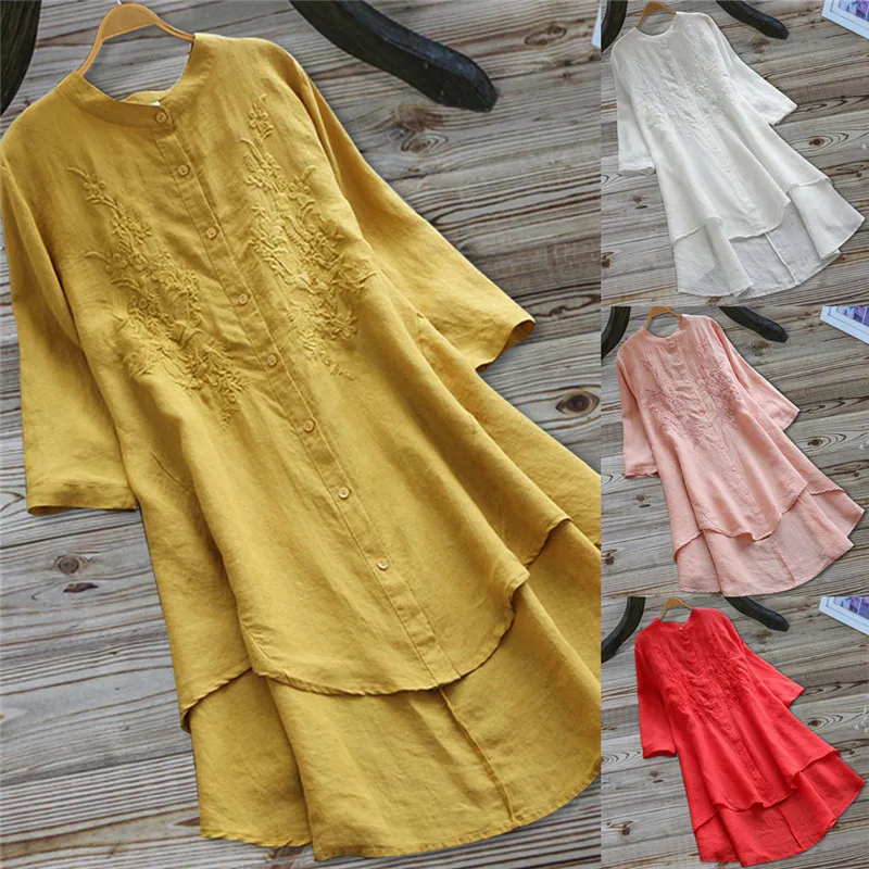 

Vintage Women Embroidery Blouse Casual Button Plus Size Long Sleeve Linen Top