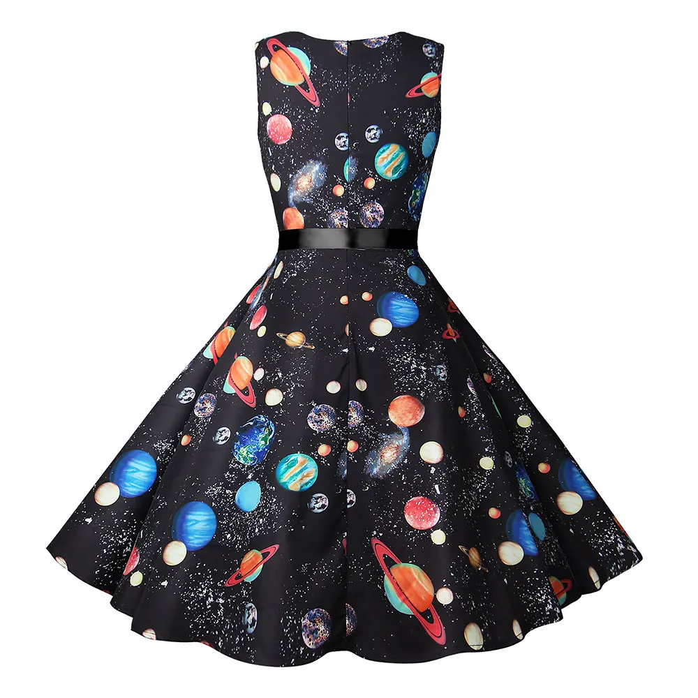 Summer Dress Women New Cosmic Planet Print Vintage Dress With Belt Sleeveless Elegant Party Retro Dresses Sundress Vestido