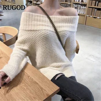 

RUGOD Harajuku Sexy off shoulder Knitted sweater Fashion solid long sleeve Knit jumper Pullovers casual split sweater female