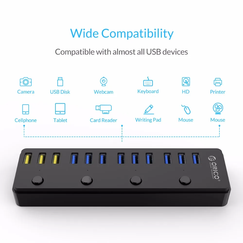  HUB ORICO P12-U3 USB 30 con adaptador de corriente 12V 5A 60W 12 puertos con 3 puertos BC1.2 puerto