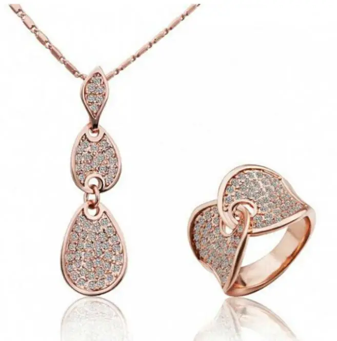 

OMH wholesale fashion 18 KT gold rose water Drops Women girls gift Necklace + ring Jewelry sets TZ107