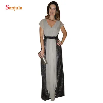 

Black Lace Silver Chiffon Women Party Gowns Red Carpet Dress Cap Sleeve Elegant Long Bride Mother Dress Wedding Guest MY26