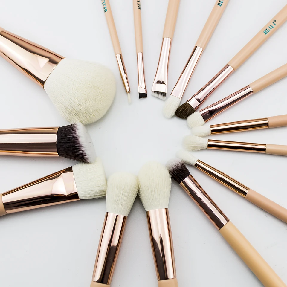 

BEILI 15Pcs Pink Rose Golden Natural goat Horse Hair Foundation blusher eye Blending Contour Powder Makeup brush set With bag