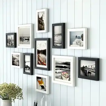 11 Pieces/Set Europe Style Black and White Color Photo Frame with Picture, Cheap Wood Wall Decor Picture Frames Set for Bedroom