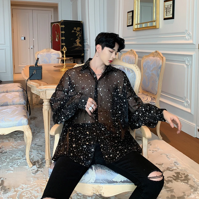 Online Männer Bat Langarm Star Transparent Oversize Lose Casual Shirts Männlichen Street Hip Hop Punk Gothic Party Nacht Club Hemd