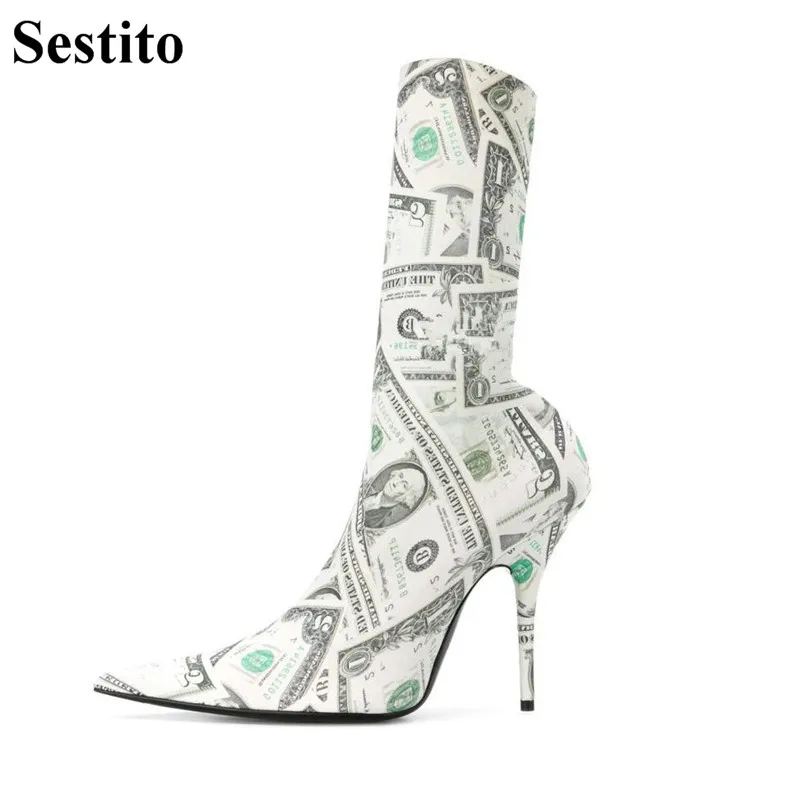 

European New Fashion Gold Bling Woman Boots Mid-Calf Boots For Women Pointed Toe Thin Heels Slip-on Short Boots Women Shoes