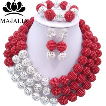 

Majalia Fashion Nigerian Wedding African Jewelery Set Red Crystal Plastic Pearl Necklace Bride Jewelry Sets 3SQ001