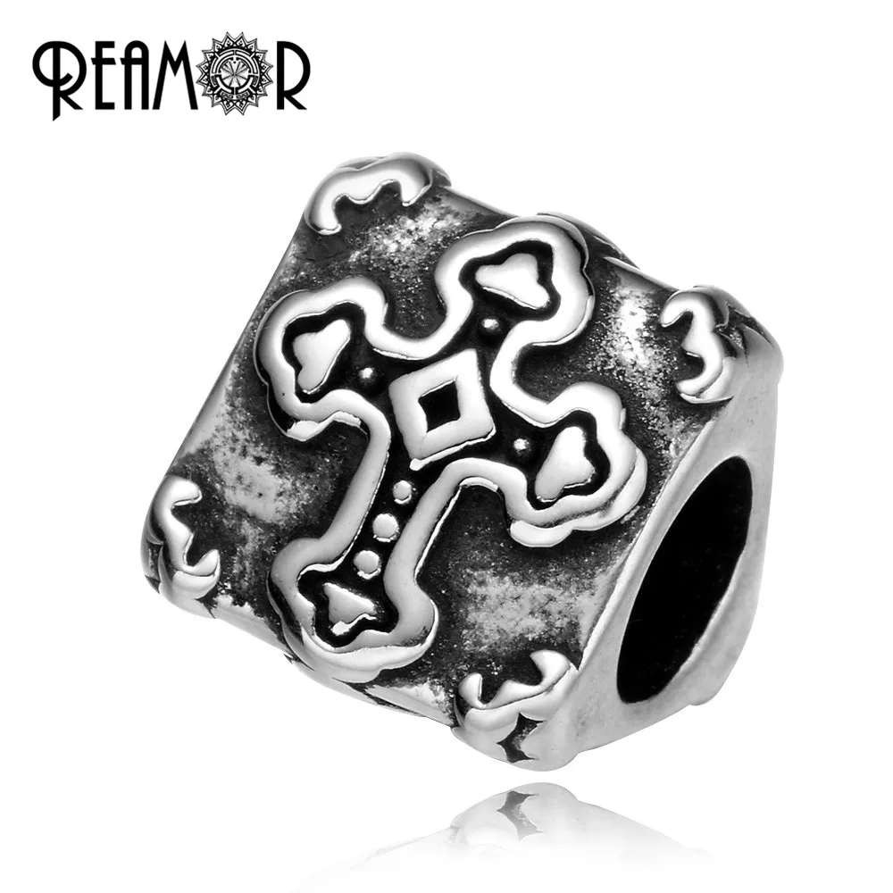 

REAMOR High Polished 316l Stainless Steel Trihedral Cross European Big Hole Men Beads Charm For Bracelet Jewelry Making