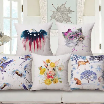 

Cute Sprout Cat Cushion Rabbit Elk Wolf Crane Eagle Butterfly Printing Water Color Sofa Chair Waist Pillow For Child Room