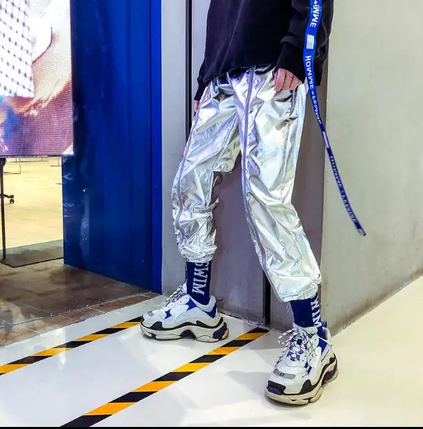Men's personality glossy casual pants zipper decoration stage tide men's hip-hop harem pants DJ for men pants singer costumes