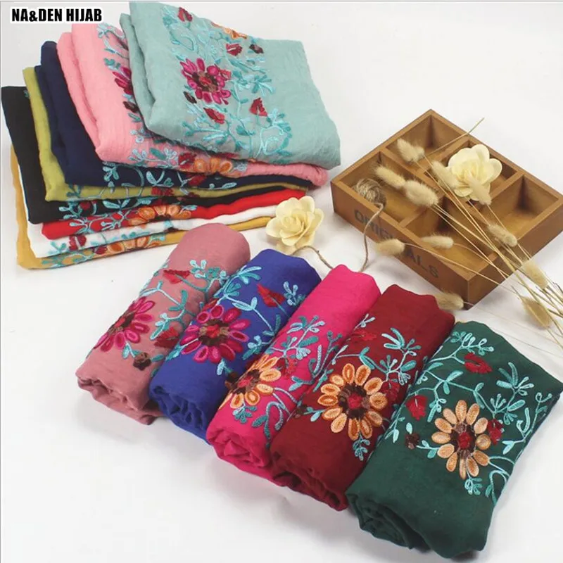 

Embroidery flower print solid plain color scarf viscose cotton shawl Scarf Muslim hijabs scarf independence packing 10pcs/lot