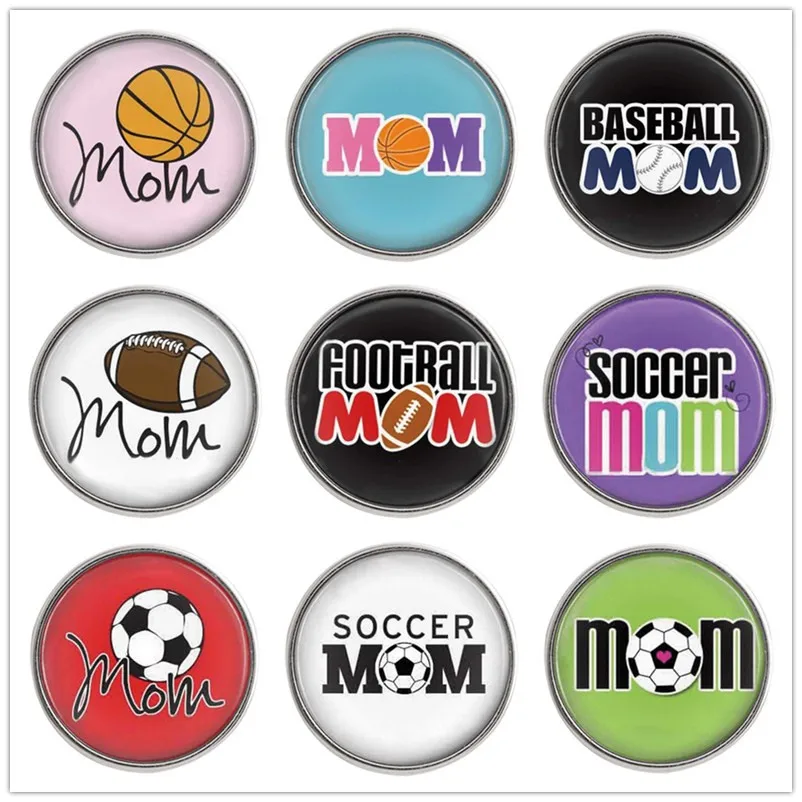 

10pcs/lot Glass Printed Mom Sport Snap Button Jewelry 18mm Partnerbeads Wholesale Girl Balls Snap Jewelry Bracelet Charm C1034