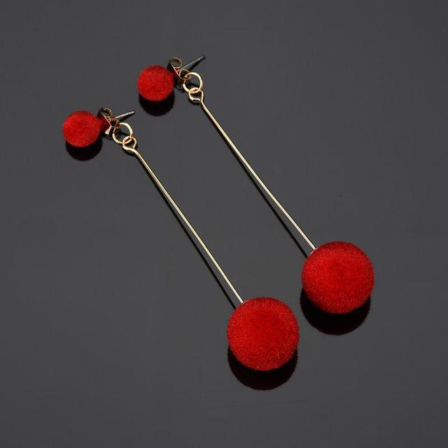 Red, Black Plush Ball Hanging Earrings Female Korean Personality Round Long Earrings Own Gift Jewelry Statement Earrings