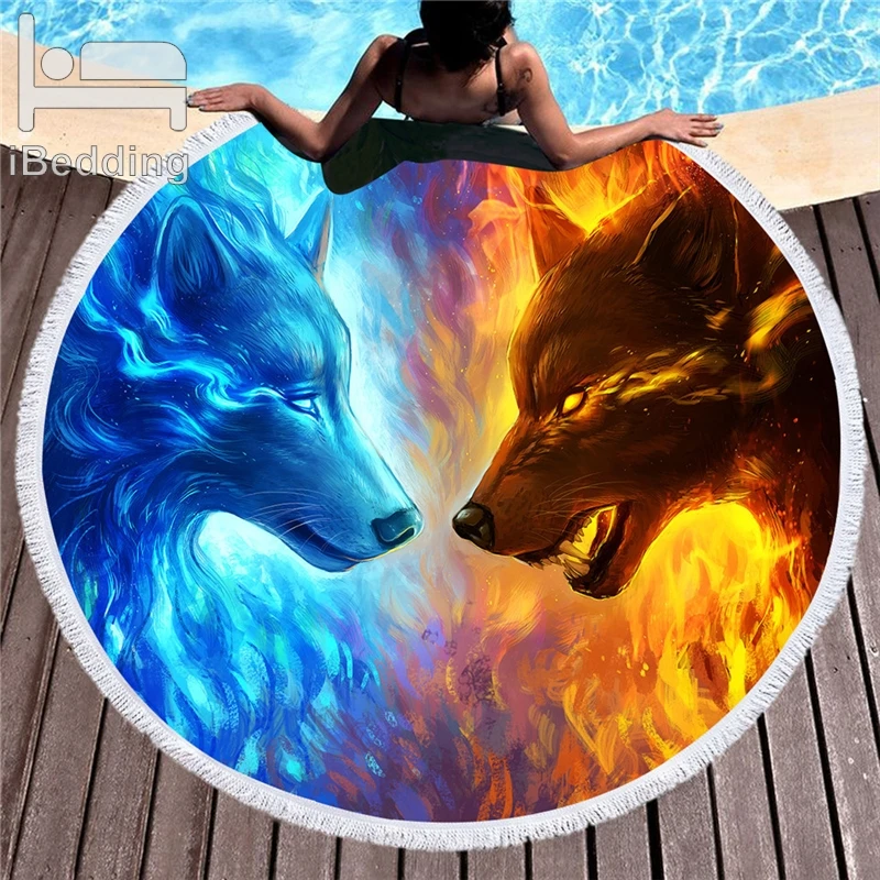 

Fire And Ice Round Beach Towel For Adults Wolf Microfiber Tassel Towel Blanket Adult Large Bath Towel Tapestry Yoga Mat Swimwear