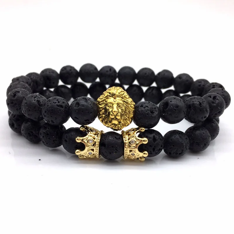 Hemau Men Fashion Black Lava Stone GoldSilver Lion Beaded Cuff Charm Bangle Bracelet Model BRCLT 17