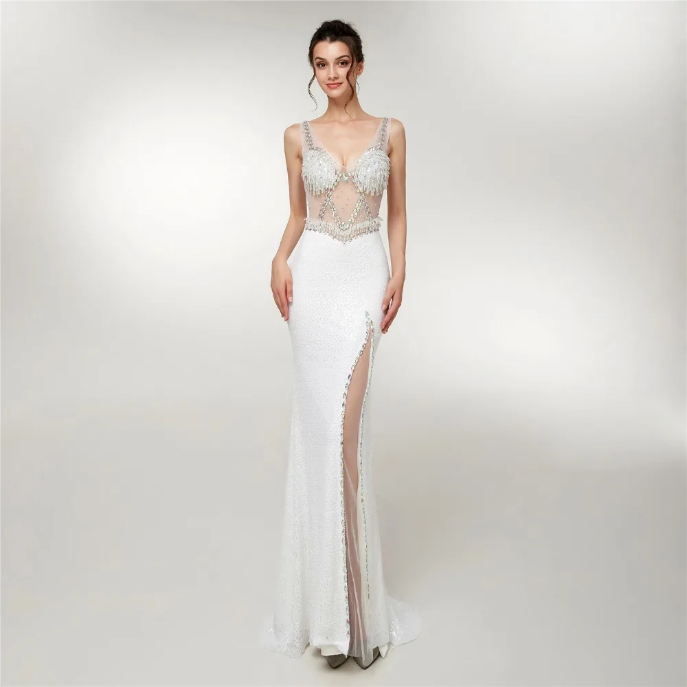 JaneVini Chic Белый Русалка свадебные платья, расшитые блестками с Crystal бисера V шеи высокий разрез пикантное платья для выпускного вечера
