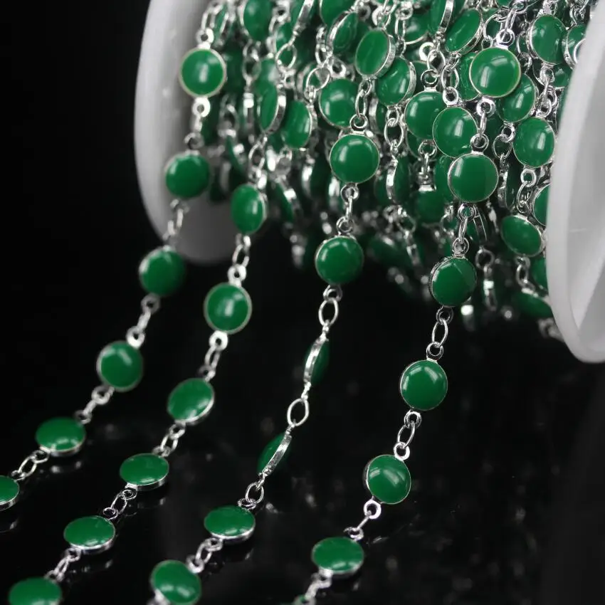 

5Meter/Lot Green Enamel 6mm Flat Round Beaded Rosary Chains,Lampwork Coin Beads Links Plated Silver Copper Chokers Chain Jewelry