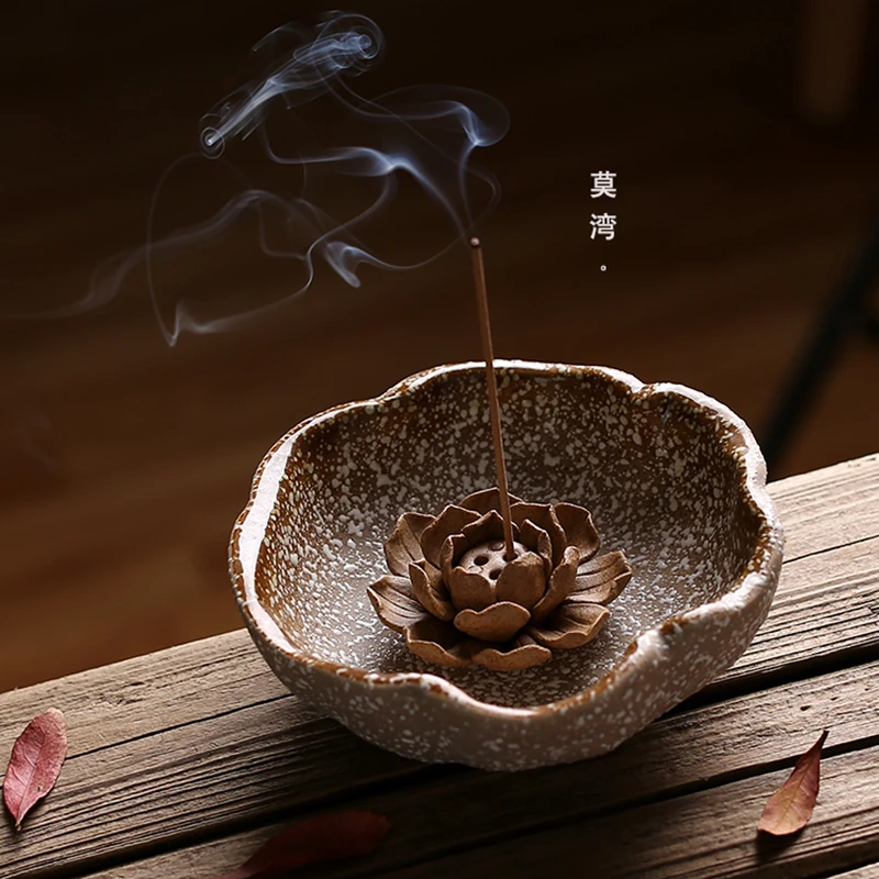 

Pottery Lotus Chinese Incense Holder Jindezhen Ceramic Handmade Stick Buddhist Incense Burner Santalwood Aromatherapy