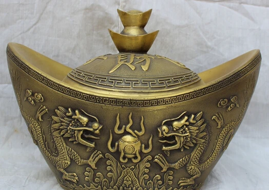 

JP S0608 10" Chinese Bronze Dragon Phoenix Statue Wealth YuanBao Incense Burner Censer B0403