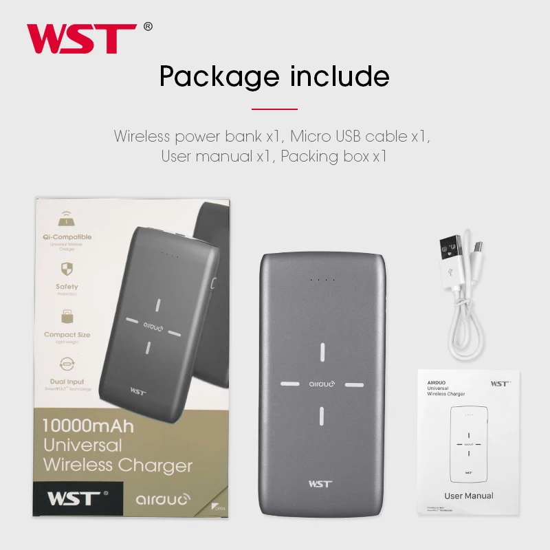 WST 10000mAh Wireless Power Bank Universal Portable Dual USB Input/Output High Capacity Phone Charger for iPhone, iPad, Galaxy WST 10000mAh Wireless Power Bank Universal Portable Dual USB Input/Output High Capacity Phone Charger for iPhone, iPad, Galaxy
