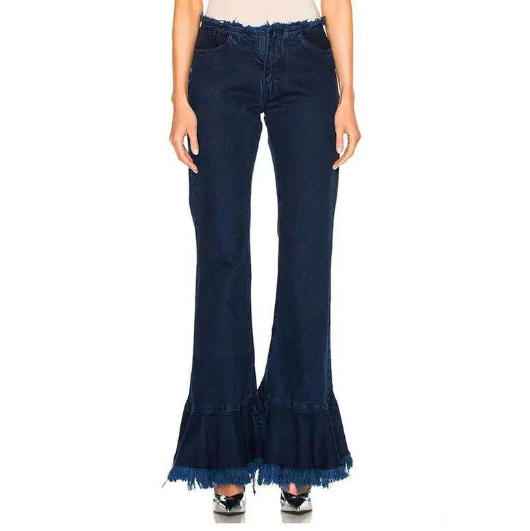 Ruffles Winter High Waist Dark Denim Split Long Section Tassels Flares Skinny jeans D372