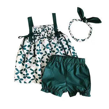 

Summer Princess Girls Baby Clothes Set Sleeveless Floral Print T-Shirt Top+Solid Shorts Pant+Headband 3PCS Kids Girl Set 0-5Y