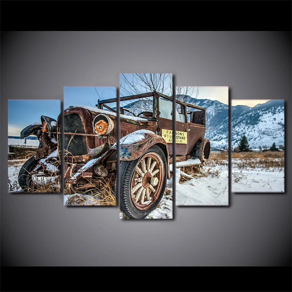 Холст Гостиная HD печатные картинки домашний Декор 5 панель старая сломанная Автомобильная живопись, настенная живопись модульный плакат