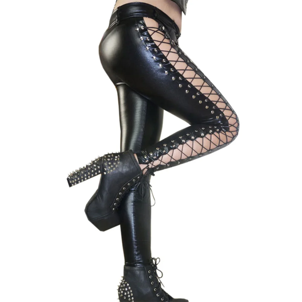 Gothic Pants Plus Size Black Sexy Vinyl Leggings Bandage Novelty Exotic Apparel Women Faux Leather Lace Up Leggings Fetish Pants
