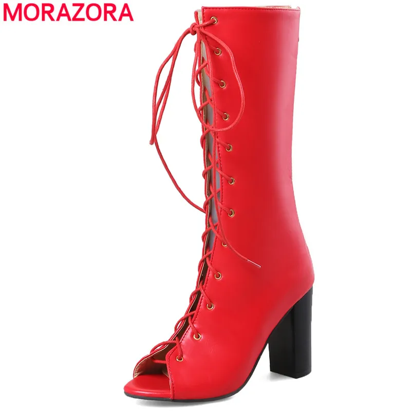 

MORAZORA Plus size 33-48 New fashion boots lace up high heels mid calf boots women peep toe high quality summer boots ladies
