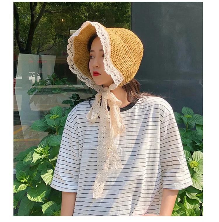 2018 Hot Sale French Mori Girl Style Lace Sunshade Straw Hat Summer Take a Holiday Windproof Beach Hat ACA31 (7)