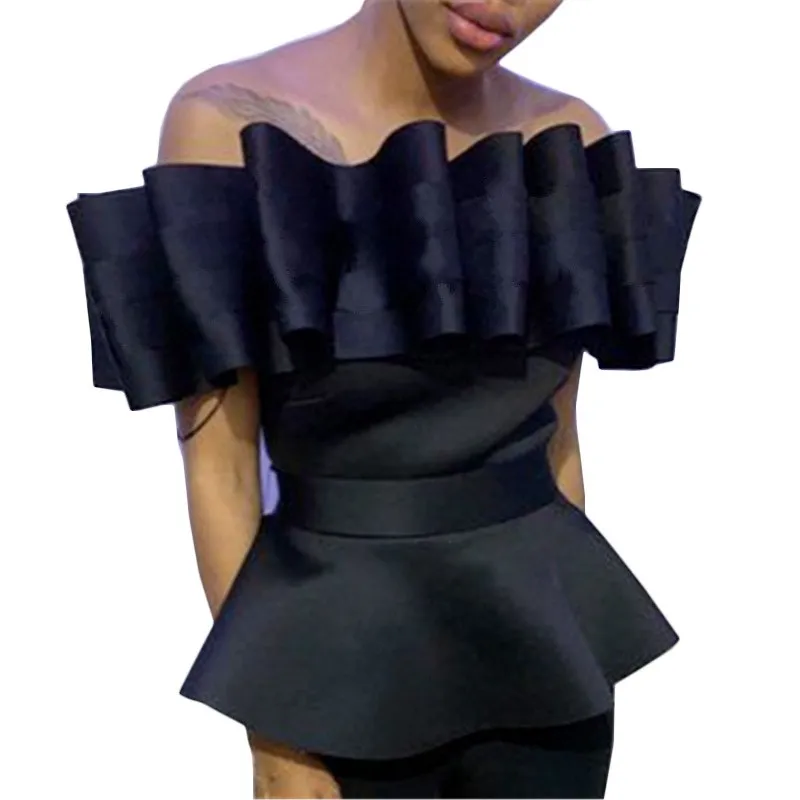 2019 Off Shoulder Top Backless Peplum Blouse Plus Size Women Slim Pleated Shirt Summer Elegant Party Bluas