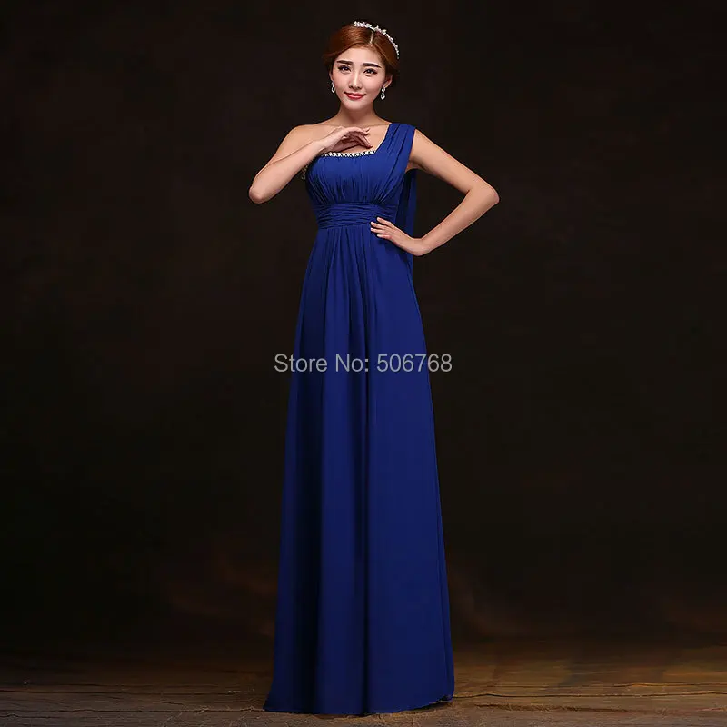 Inexpensive Designer Wedding Gowns Promotion For Promotional 2017 One Shoulder Long Bridesmaid Slim Plus Size With Ribbon Bridal Party Dress Color Royal Blue 8