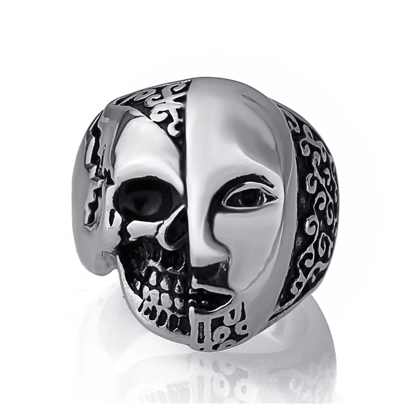 

Elfasio Mens Gothic Half Skull/Face 316L Stainless Steel Punk Biker Ring Wholesale jewelry