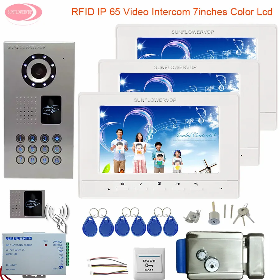 

7inch Video Door Phone Video Intercom Doorbell Video Intercom 3 Monitors IP65 Waterproof Rfid + Electronic Control Lock Intercom