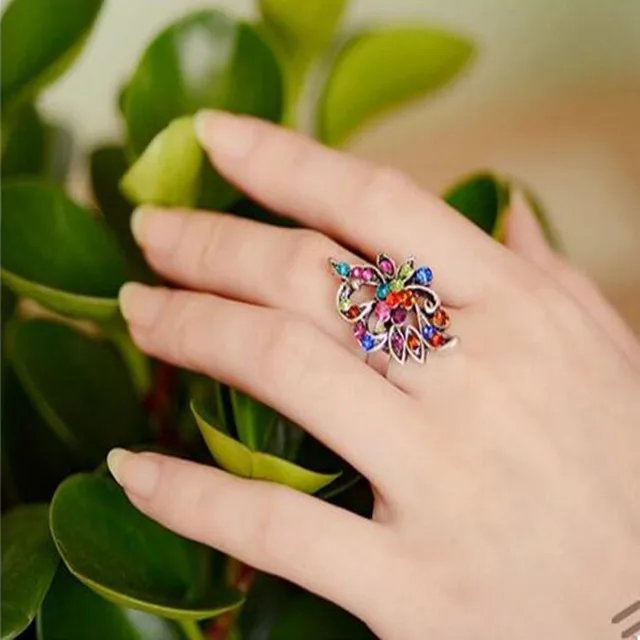 Hot Sale Color imitation crystal peacock butterfly ring tide three-dimensional h Hot Sale Color imitation crystal peacock butterfly ring tide three-dimensional h