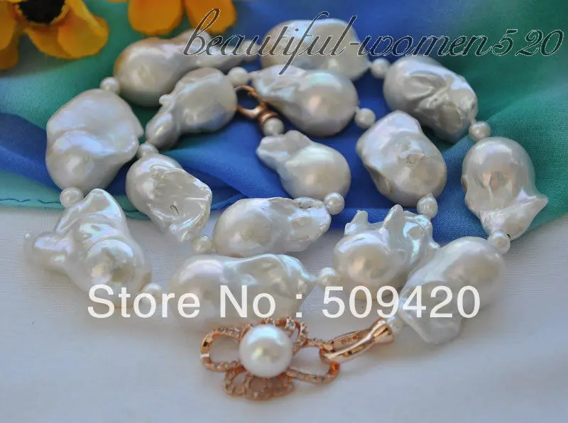 

~~ Free ShippingBig 34mm baroque white reborn freshwater pearl necklace 20inch