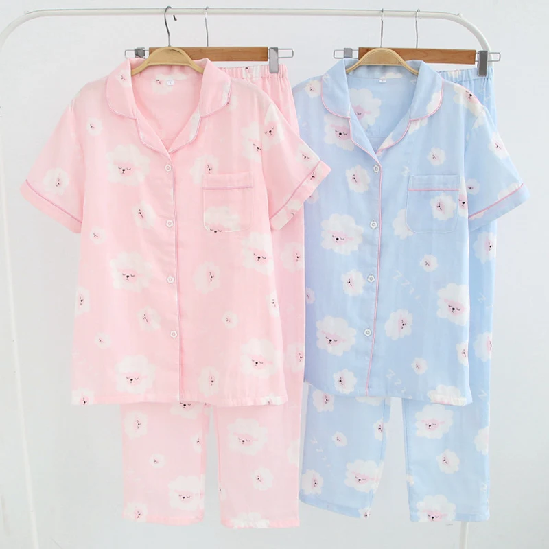 KISBINI модные лето-осень Для женщин пижамные комплекты с принтом овечки розовый синий Рубашка с короткими рукавами + штаны хлопковая Ночная