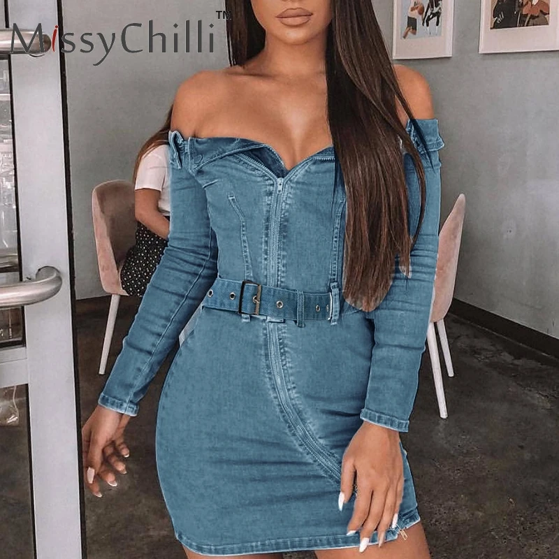 

MissyChilli Vintage off shoulder jeans dresses Women long sleeve buckle bodycon denim dress Elegant sexy zipper belt party dress