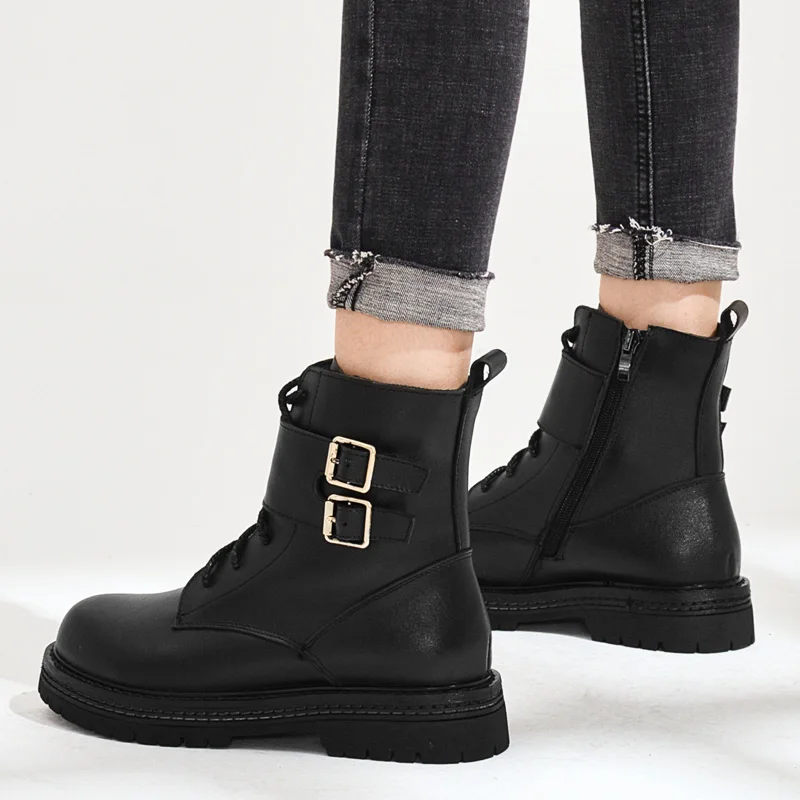 DRKANOL/Ботинки martin ручной работы из натуральной кожи; женские ботильоны; зимняя обувь; женская обувь на плоской подошве; черные короткие плюшевые ботинки с пряжкой