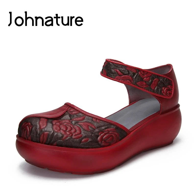 

Johnature 2019 New Summer Retro Genuine Leather Totem Hook & Loop Ankle Strap Shoes Women Wedges Sandals