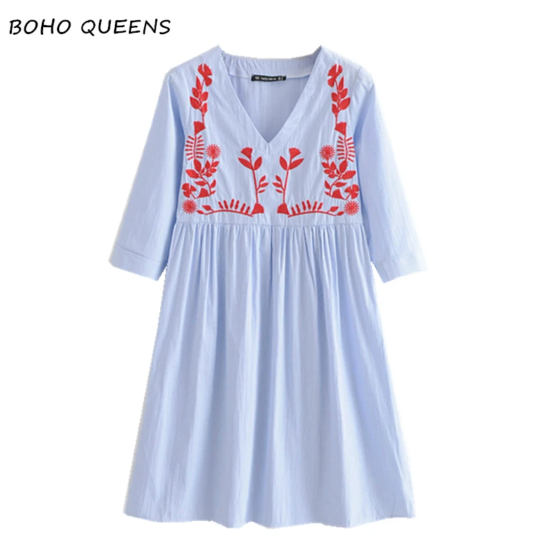 

Boho Chic women floral embroidery beach Bohemian straight dresses Ladies V neck Tassel Summer midi dress vestidos