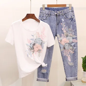 

Embroidery Sequins Women Sets Casual Two Pieces Harajuku Suit Women Loose Tshirt + Denim Trousers Women 2 Sets 2019 Short Pants