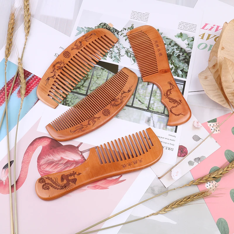

Natural Close Teeth Anti-static Hair Combs Massage Wooden Head Pain Relief Massager Combs Brushes Peach Wood Comb