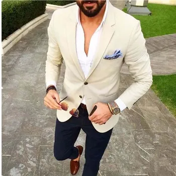 

Custom Made Mens Suits Beige Blazer Navy Blue Pants 2 Piece Groom Tuxedos Slim Fit Men Wedding Prom Party Suit (Jacket+Pants)