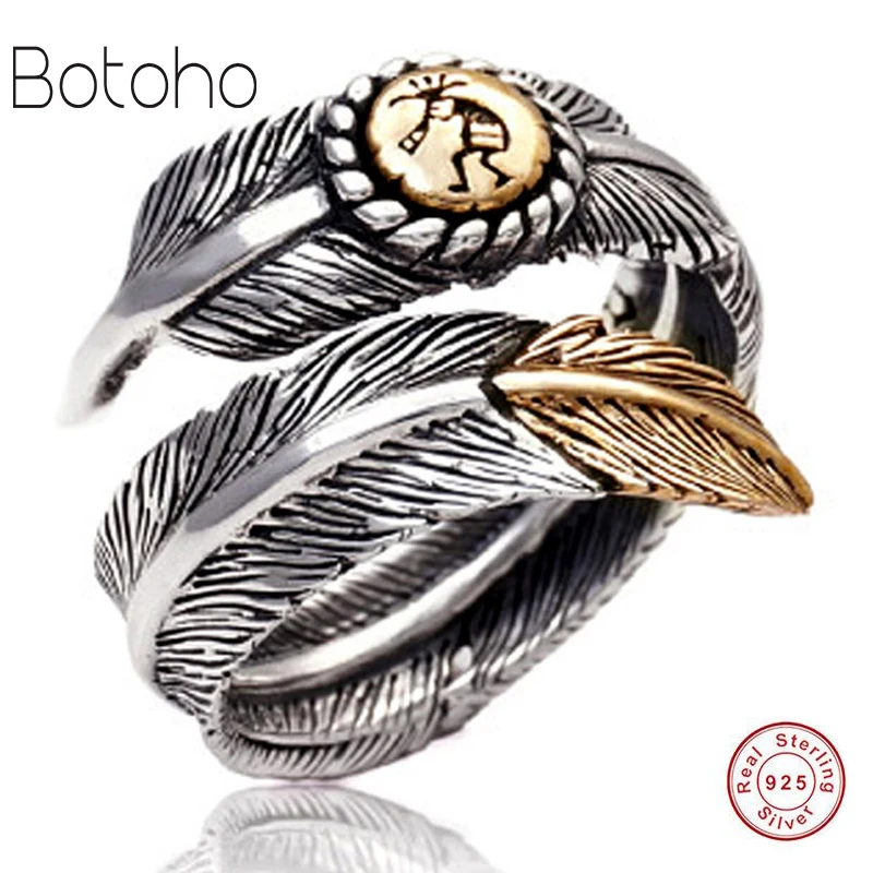 

925 sterling silver gold feather design men's and women's lover wedding ring vintage punk retro style ladies jewelry Indian ring